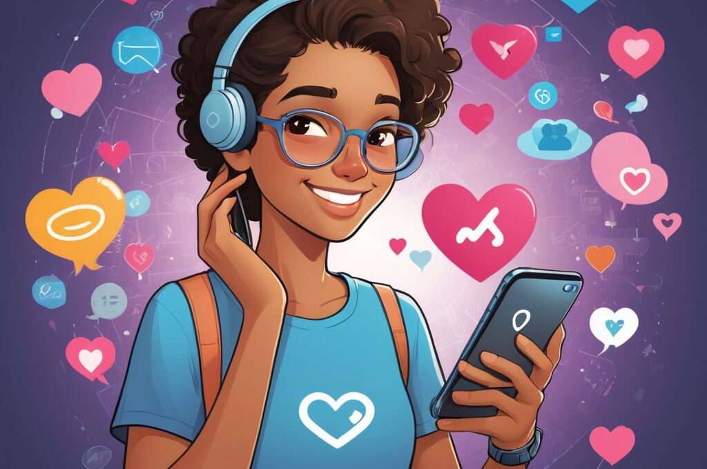 Garota com fone de ouvido e Smartphone na mão com vários elementos de chat em sua volta e corações. Passando a ideia de que ela está tendo um flerte com alguém, utilizando Cantadas Tech.