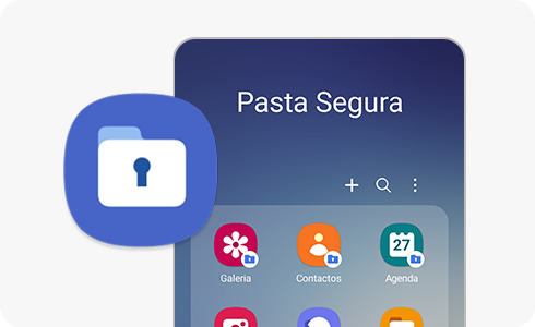 Mostra o logo da Pasta Segura da Samsung e ao fundo a tela de como o App Funciona.